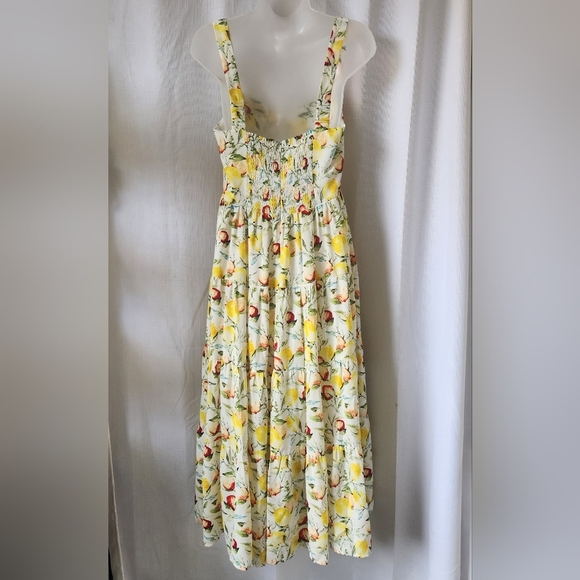 Aqua Fruit Medley Tiered Yellow Sweetheart Neckline Midi Sundress Size L - Picture 9 of 11